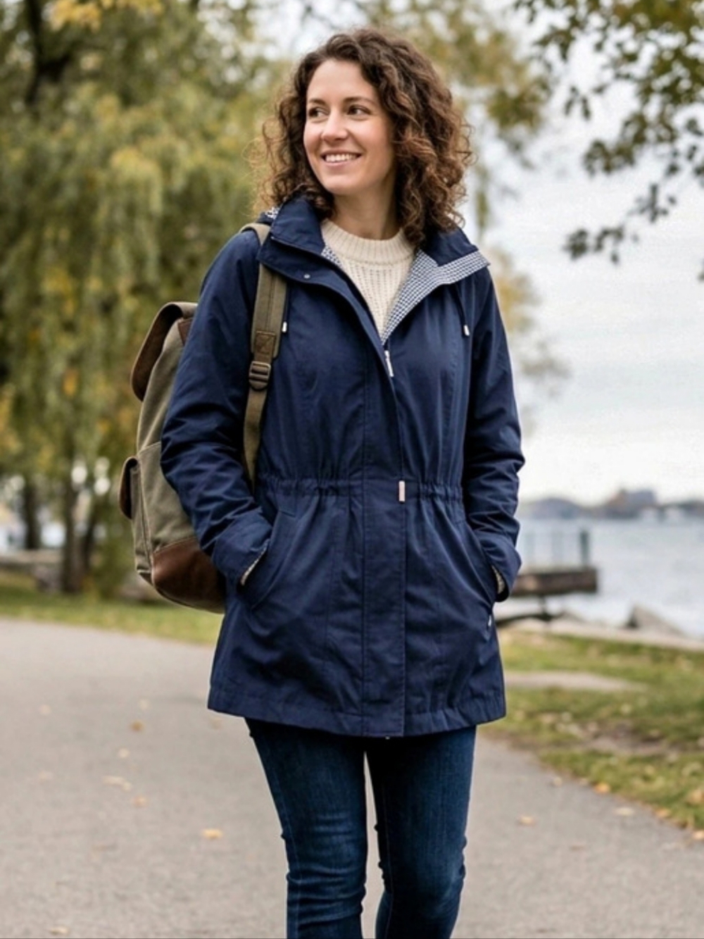 Fen-Nelli Women's Gingham Cinch Waist Hooded Rain Jacket Blue Size 9/10 Like New